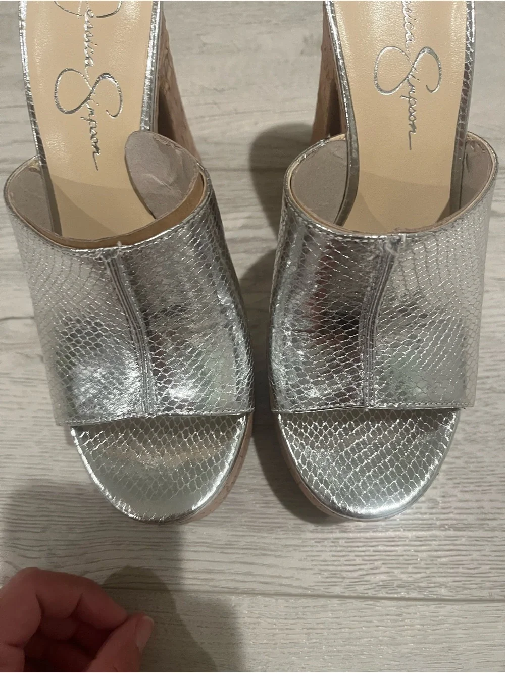 Jessica Simpson XONA Metallic Silver Snake-Texture Cork Wedge Mules